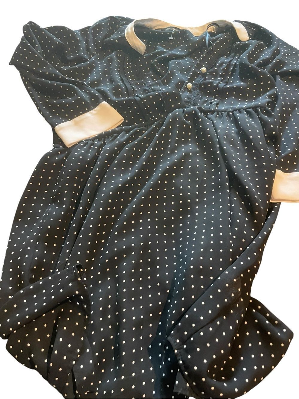 Zara Basic Black Polka Dot Puff Sleeve Dress with white  Trim size small